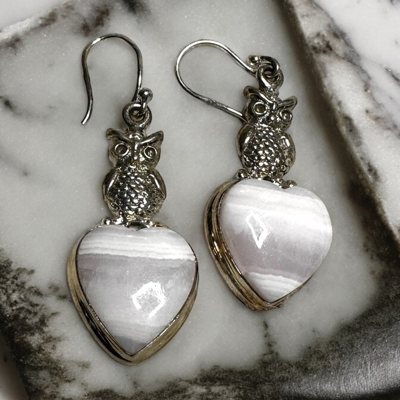 Pink Lace Agate Sterling Silver Owl Drop Earrings - Picture 4 of 8